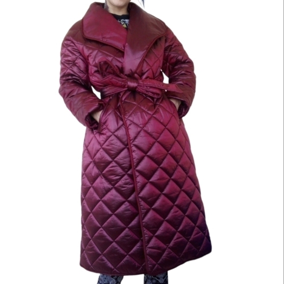 Cleo Women's Belted Quilted Puffer Trench Coat Maroon Red Large - Picture 2 of 10